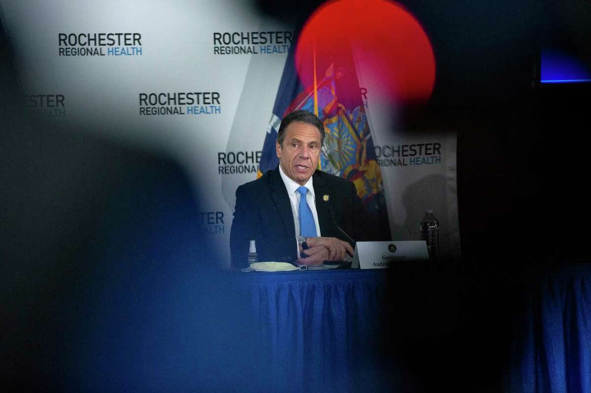 New York Gov. Andrew Cuomo delivers remarks during a news conference at the Rochester Regional Health Riedman Campus Training Center in Irondequoit, N.Y., Monday, May 11, 2020. In the most concrete step toward restarting his battered and shuttered state, Cuomo announced on Monday that three upstate regions might partially reopen this weekend, with limited construction, manufacturing and curbside retail.