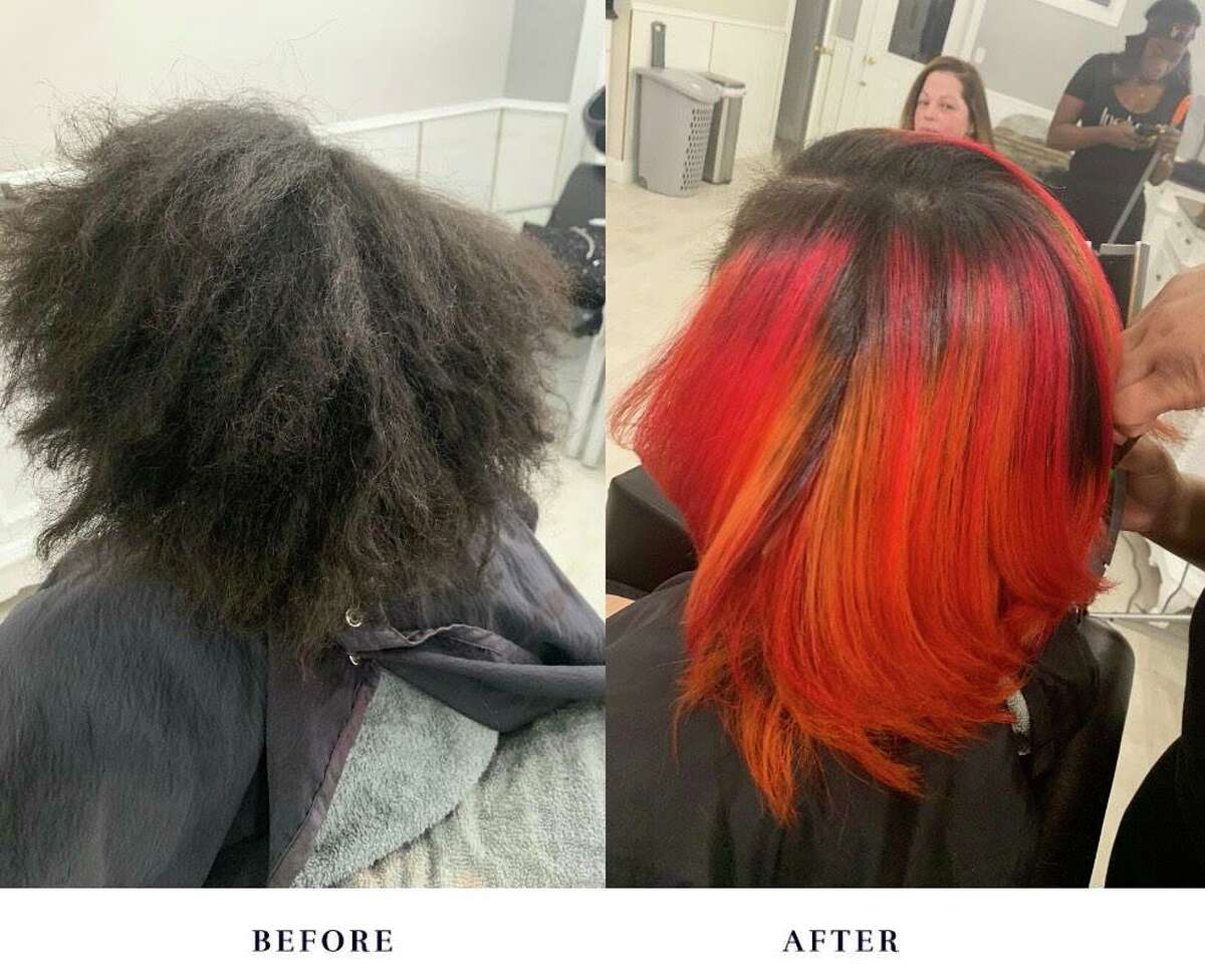 African American salon owners say they can't open without being allowed to offer blowdrying -- it's part of the service for black women's hair.  Shown is Tasheba Taylor of Indigo Hair Innovations in West Hartford and Newington with a client; and her illustration of a before and after treatment.