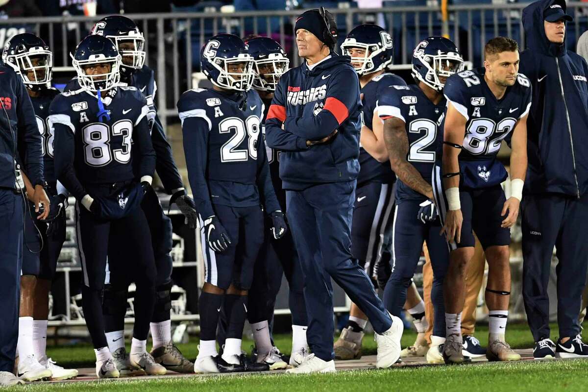 UConn football coach Randy Edsall watches during the first half against Navy in 2019.