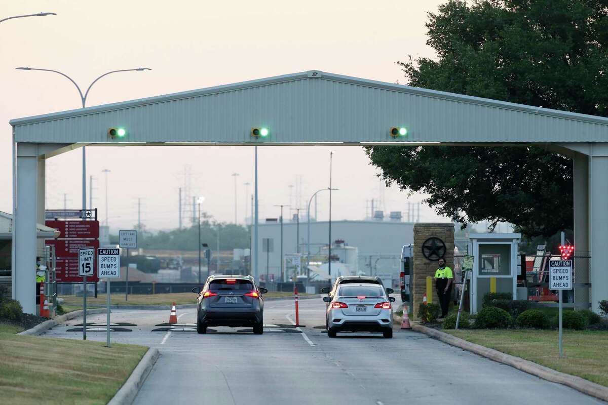 Traffics goes through a check point at the main entrance to the San Antonio Toyota plant, Monday, May 11, 2020. Toyota’s 12 plants, including the U.S. and Canada, have been closed since March 23 in what originally was supposed to be a two-day closing to sanitize the plants to protect workers from the coronavirus pandemic. The company planned on reopening the plants on May 4 but pushed the date to May 11.