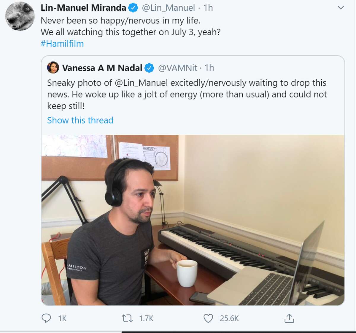 Vanessa Nadal, Lin-Manuel Miranda's wife, shared a photo of the multi-talented actor and musician waiting to share the news about "Hamilton."