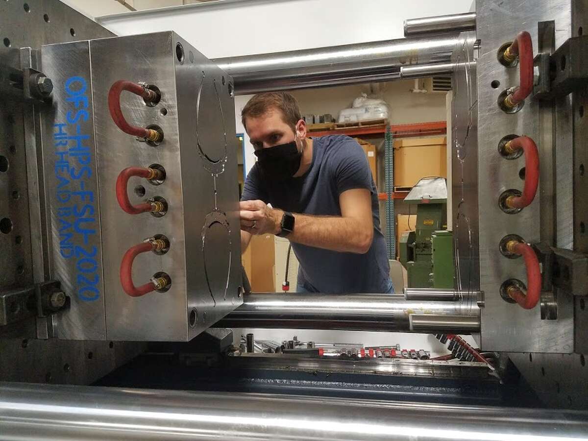 Ferris graduate Kevin Leeser has been working from his home to make face shields. Beginning the project with 3-D printed face shields, Leeser is now using an injection mold blank, which has helped him produce more than 23,000 face shields.
