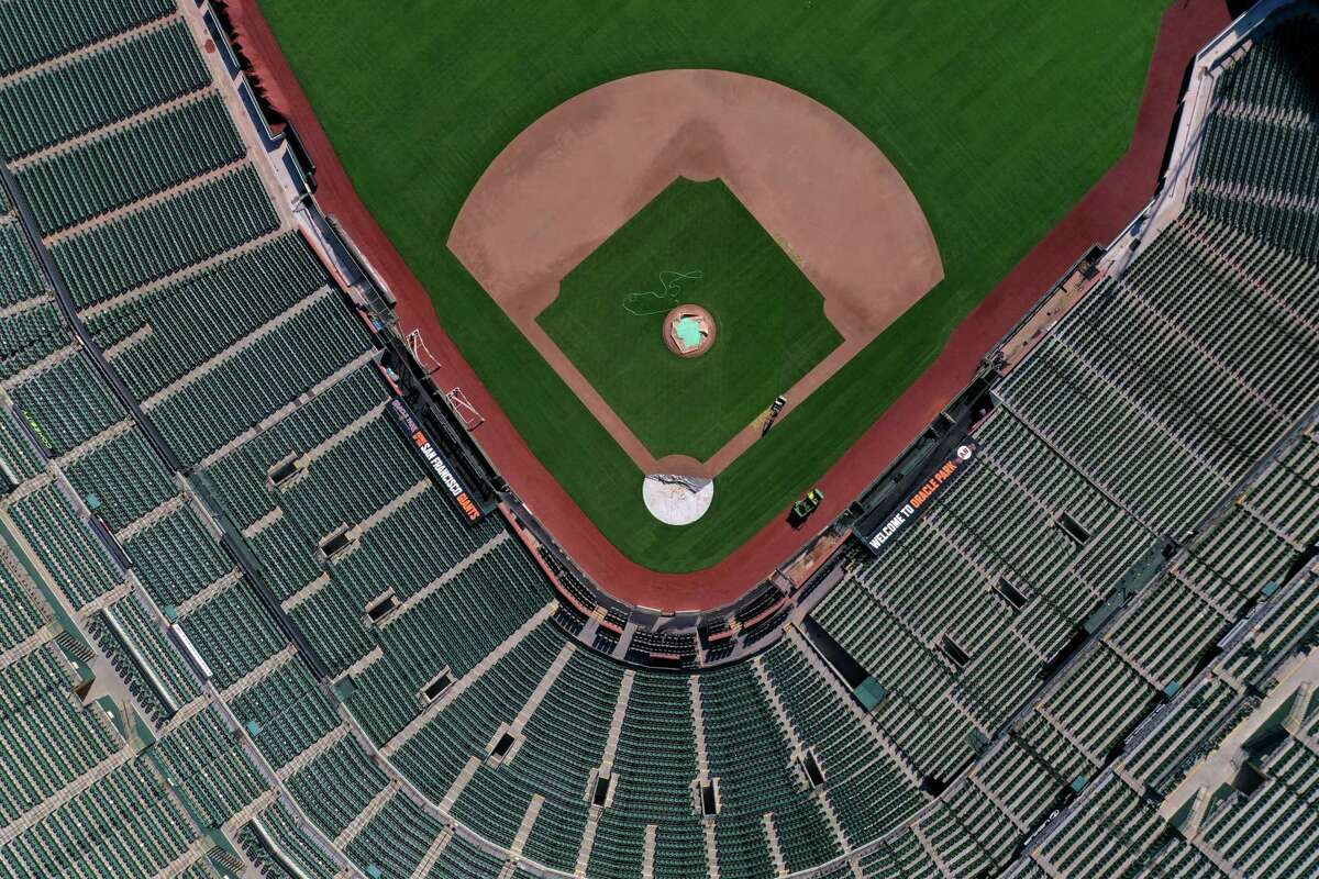 Oracle Park, seen from a drone overhead, was empty on what should have been Opening Day, March 26