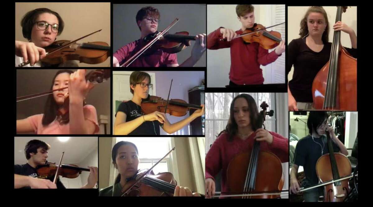 Ten Ridgefield High School musicians played on the online Dvorak largo. Top row, from left, are Ollie Heimbauer and Coleman Hoffner on violins, Michael Kovacs on viola, and Makena Davi on bass. Middle row, at left, is Celine Lee on violin, then Amy Grove on viola. At bottom, from left, are Miles Stoddart and Jeannette Kim on violins, then Alexandra Dillulio and Reed Koh on cello.