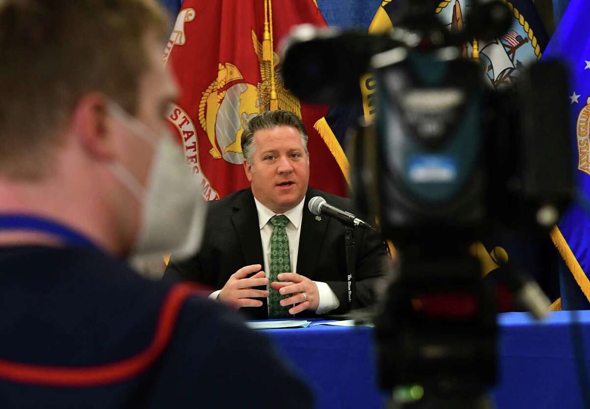 Albany County Executive Dan McCoy, right, speaks at his daily press conference to discuss the latest COVID-19 information on Wednesday, May 13, 2020 in Albany, N.Y. (Lori Van Buren/Times Union)