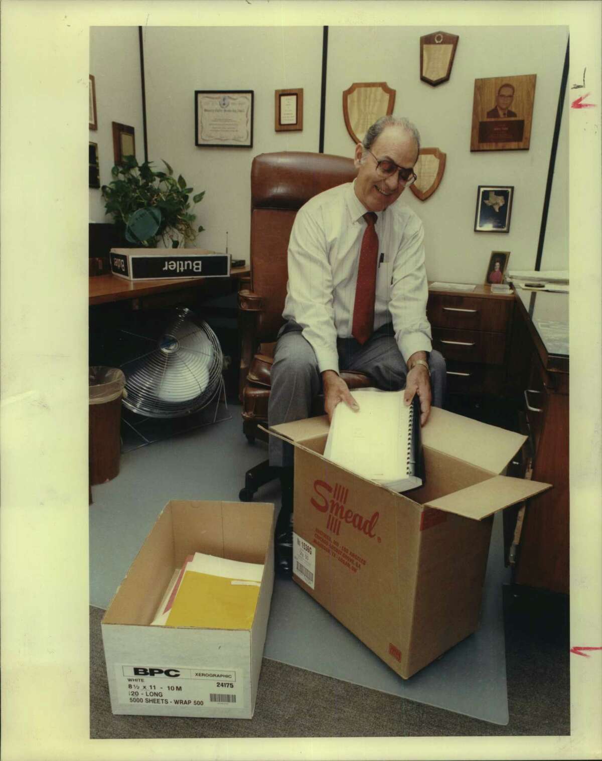 Houston, TX: Joe Tusa: HISD office, 3830 Richmond. HISD Athletic Director Joe Tusa in the process of cleaning out his office as he prepares to retire Friday