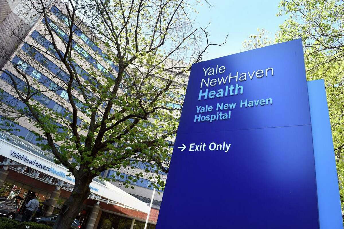 The front entrance of Yale New Haven Hospital in New Haven, May, 2020.
