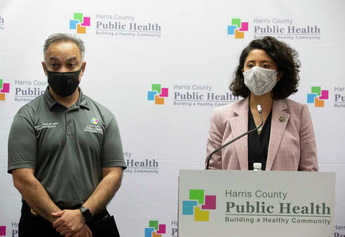 Harris County Judge Lina Hidalgo, right, and Harris County Public Health Department Executive Director and Dr. Umair Shah speak about the contact tracer army during a press conference Wednesday, May 13, 2020, in Houston. The HCPHD currently has about 50 contact tracers and the agency is aiming to have 200 by the end of the week, and have 300 contact tracers next week.
