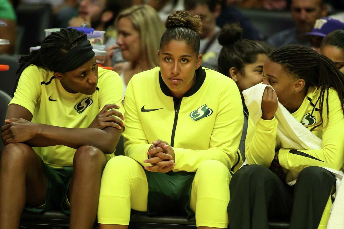 Seattle Storm forward Kaleena Mosqueda-Lewis waits on the bench during a game against the Los Angeles Sparks on Aug. 4 in Los Angeles.