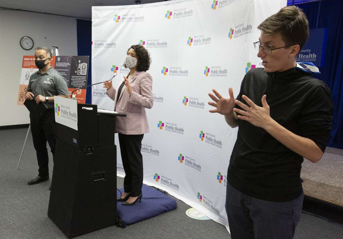 Harris County's stay-home, work-safe order is expected to be extended through June 10. ASL Interpreter Kala Winkelmann, from right, interprets sign language for Harris County Judge Lina Hidalgo and Harris County Public Health Department Executive Director and Dr. Umair Shah during a press conference regarding to the contact tracer army Wednesday, May 13, 2020, at Harris County Public Health Department in Houston. The HCPHD currently has about 50 contact tracers and the agency is aiming to have 200 by the end of the week, and have 300 contact tracers next week.