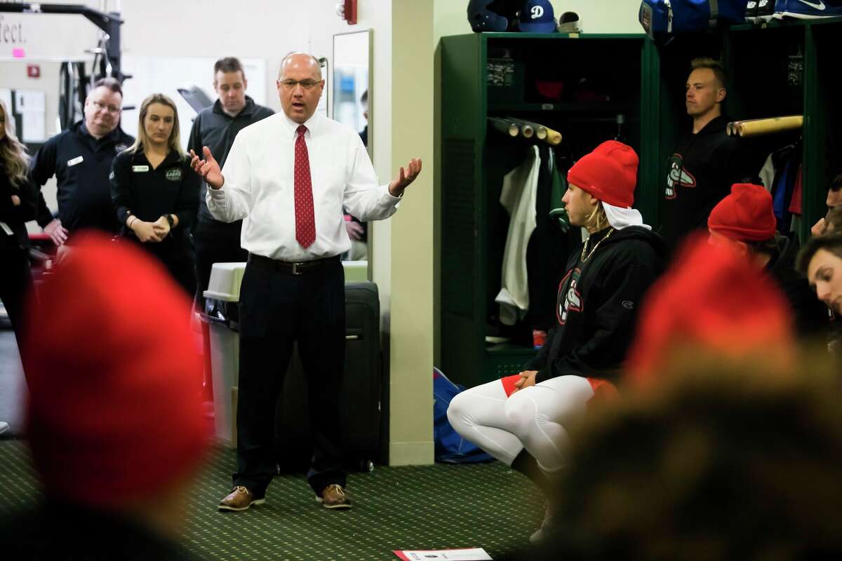 Great Lakes Loons President and General Manager Brad Tammen speaks to Loons players during a team meeting in April 2019 at Dow Diamond. (Katy Kildee/kkildee@mdn.net)
