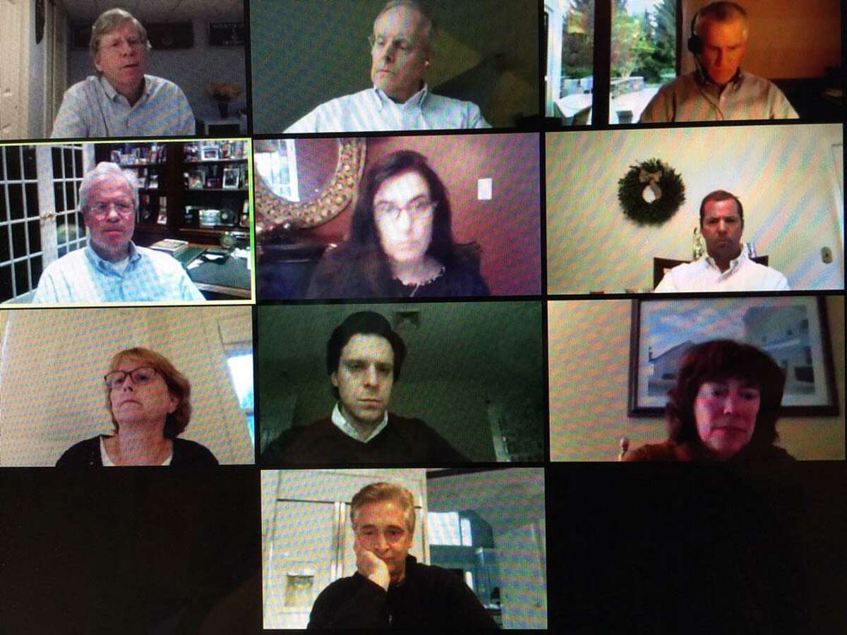 The Wilton Board of Finance discussed the town and school budget proposals on Thursday, May 14. Top row, from left: finance board members Michael Kaelin, Peter Balderston and Chris Stroup. Second row from left: finance Chair Jeff Rutishauser, CFO Anne Kelly-Lenze, Superintendent of Schools Kevin Smith. Third row, from left: First Selectwoman Lynne Vanderslice, finance member Kevin Gardner, Board of Education Chair Deb Low. Bottom row: finance board member Stewart Koenigsberg.
