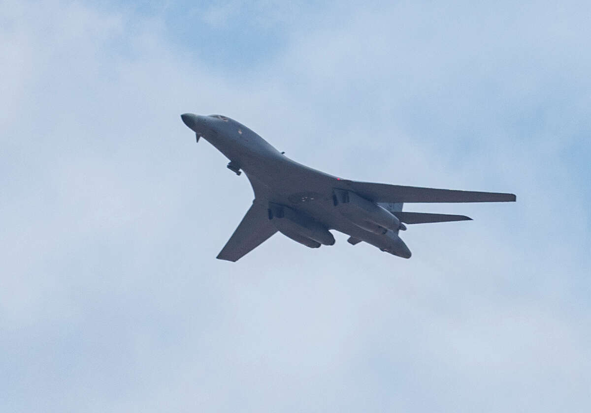 A B1B Lancer out of Dyess Air Force Base flies over Midland Memorial Hospital 05/15/2020 as a salute to medical professionals, first responders and others. Tim Fischer/Reporter-Telegram