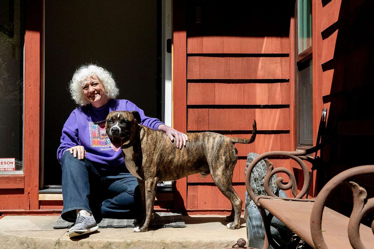 Judge Dana Leigh Marks poses for a portrait with her dog Joker at her home in Mill Valley, Calif. Wednesday, May 6, 2020. Immigrant advocates say the precise policies this administration has pursued will make it all the more difficult to get the courts back to functioning efficiently, potentially pushing hundreds of thousands of cases off for years.