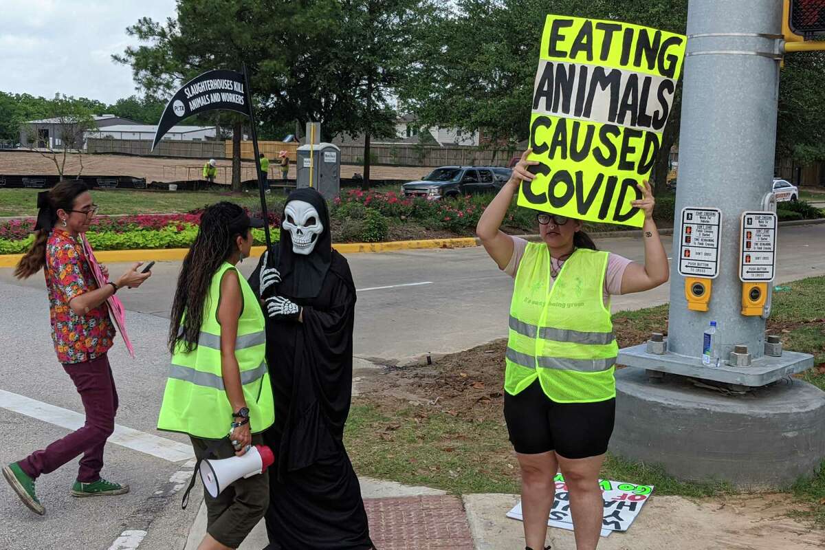 Protesters and counter-protesters stand outside Fisher Ham and Meat Co., 5023 Spring Cypress Road. Protesters were demanding the shutdown of the plant for its treatment of animals and employees during the coronavirus pandemic.