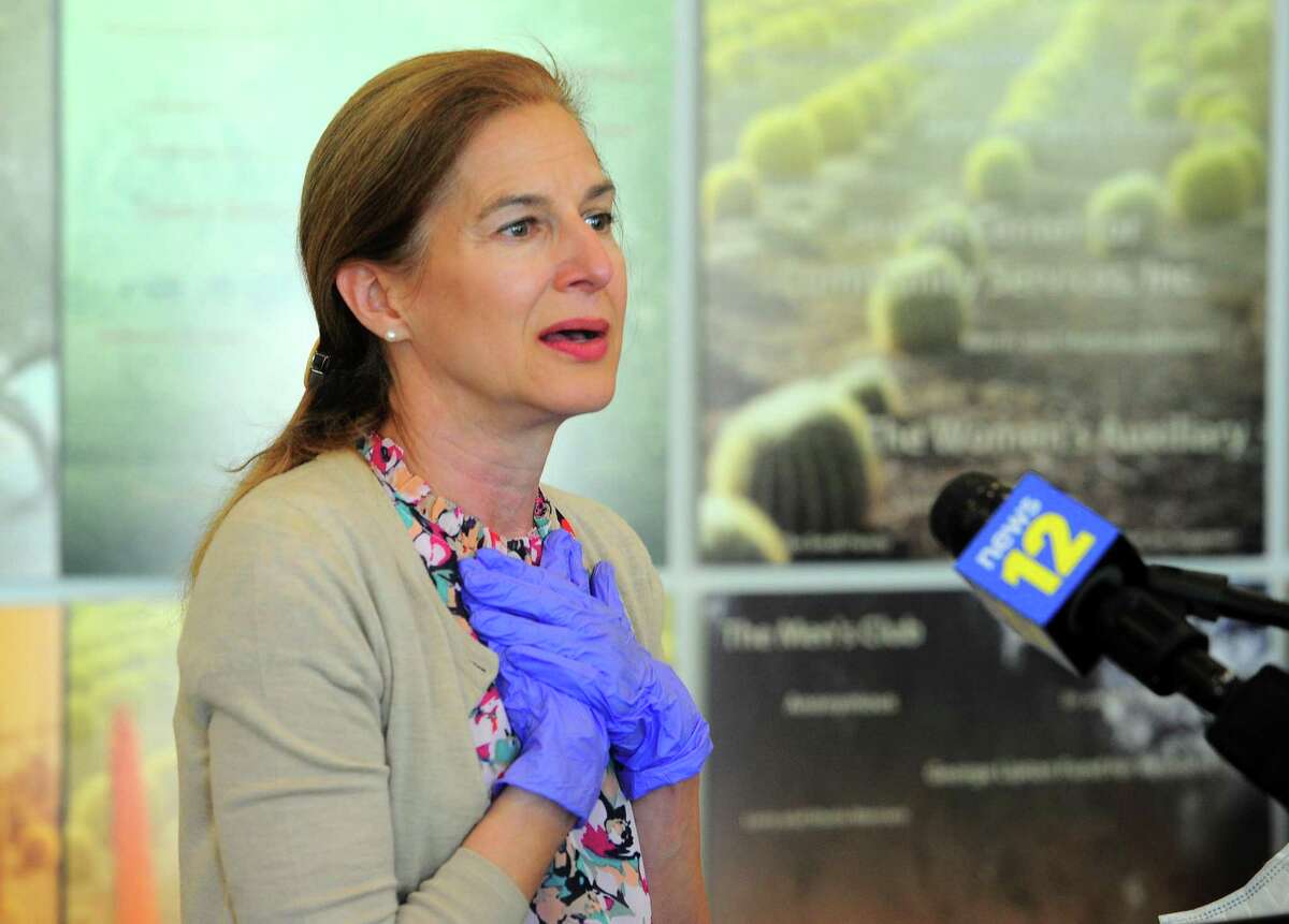 Lt. Governor Susan Bysiewicz speaks during a visit to The Jewish Home senior services facility on Park Ave in Bridgeport, Conn., on Friday May 15, 2020. Along with Lt. Governor Bysiewicz, Governor Ned Lamont, and Mayor Joe Ganim visited in acknowledgement of National Skilled Nursing Care Week and to express appreciation to health care workers, caretakers, and other frontline personnel, as well as recognize the residents and patients who have been in isolation or recovery during the COVID-19 pandemic.