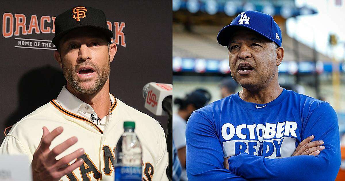 San Francisco Giants Manager Gabe Kapler (left) and Los Angeles Dodgers manager Dave Roberts (right).