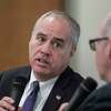 Comptroller Tom DiNapoli is interviewed by Executive City Editor Casey Seiler, right, on Tuesday, Jan 9, 2018, at Hearst Media Center in Colonie, N.Y. (Skip Dickstein/ Times Union)