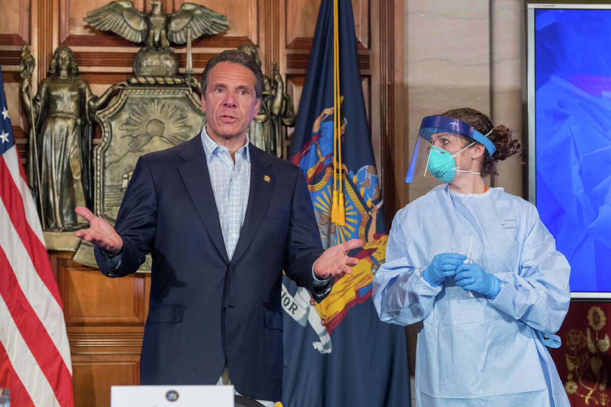 Gov. Andrew M. Cuomo is tested for COVID-19 during his daily coronavirus briefing on May 17, 2020. (Credit: Darren McGee/Office of Gov. Andrew M. Cuomo)