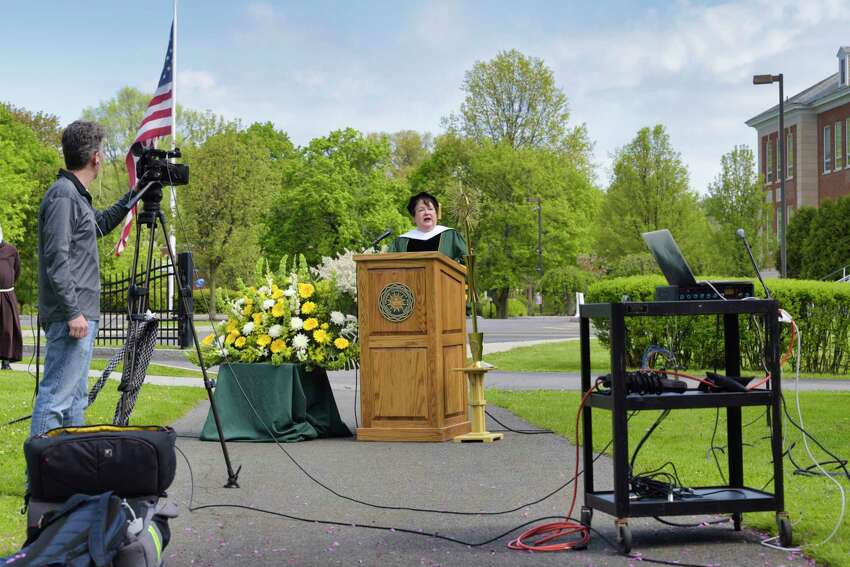 Margaret Madden, interim president of Siena College, speaks at a ceremony to honor the Class of 2020 at Siena College on Sunday, May 17, 2020, in Loudonville, N.Y. The ceremony was streamed live on Siena's Facebook page. College officials announced that they are tentatively planning for an actual graduation ceremony for the class of 2020 on August 15th. (Paul Buckowski/Times Union)