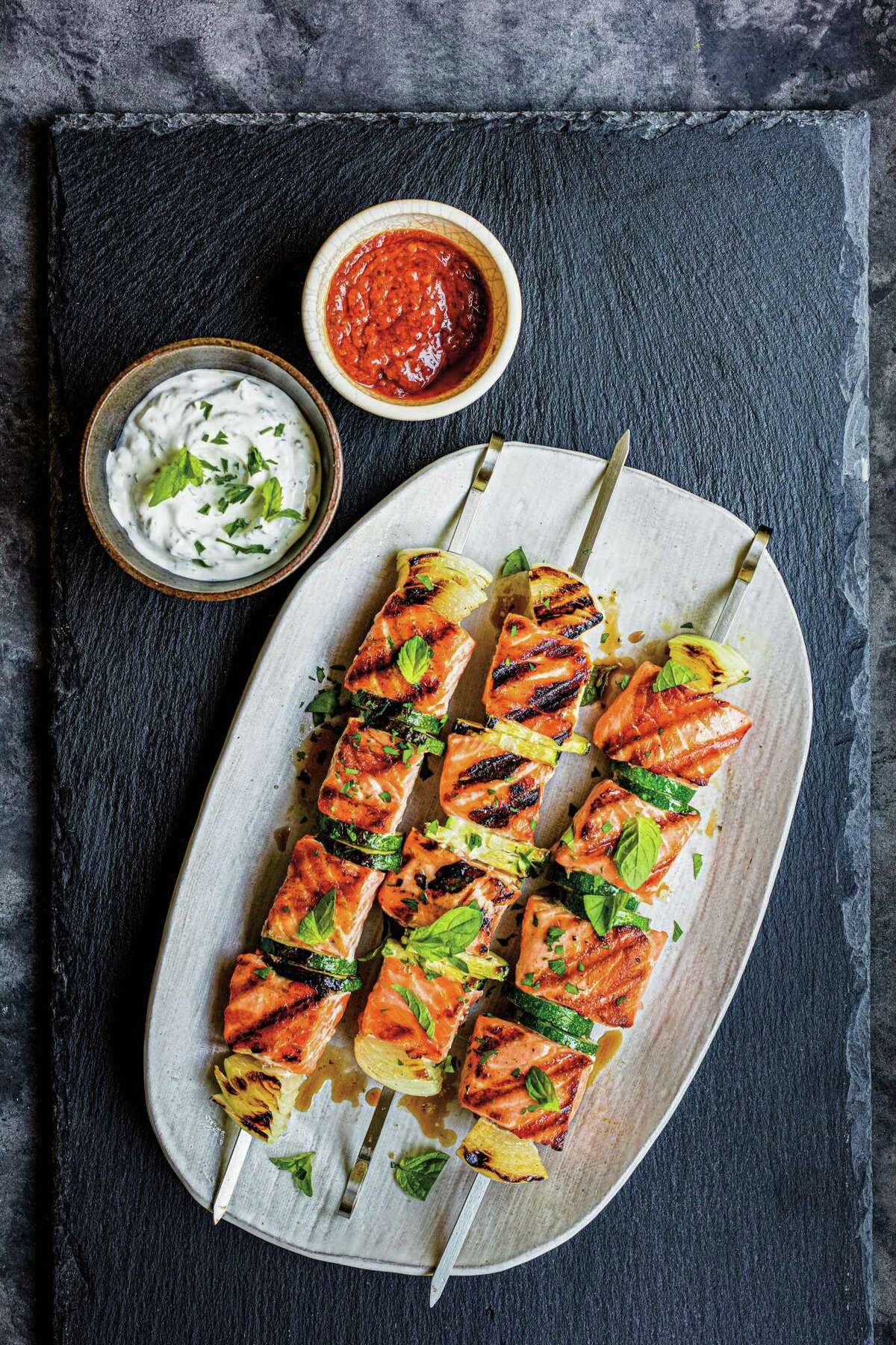 Recipe Salmon Kebabs with Zucchini, Herbed Labneh & Harissa