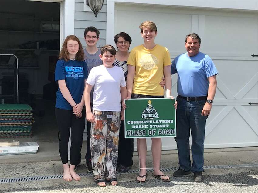 Doane Stuart Head of School Cecil Stodghill knocked on doors of the school's graduating seniors throughout the Capital Region on Saturday, May 16, 2020 to deliver a Thunderchicken sign and his personal congratulations.