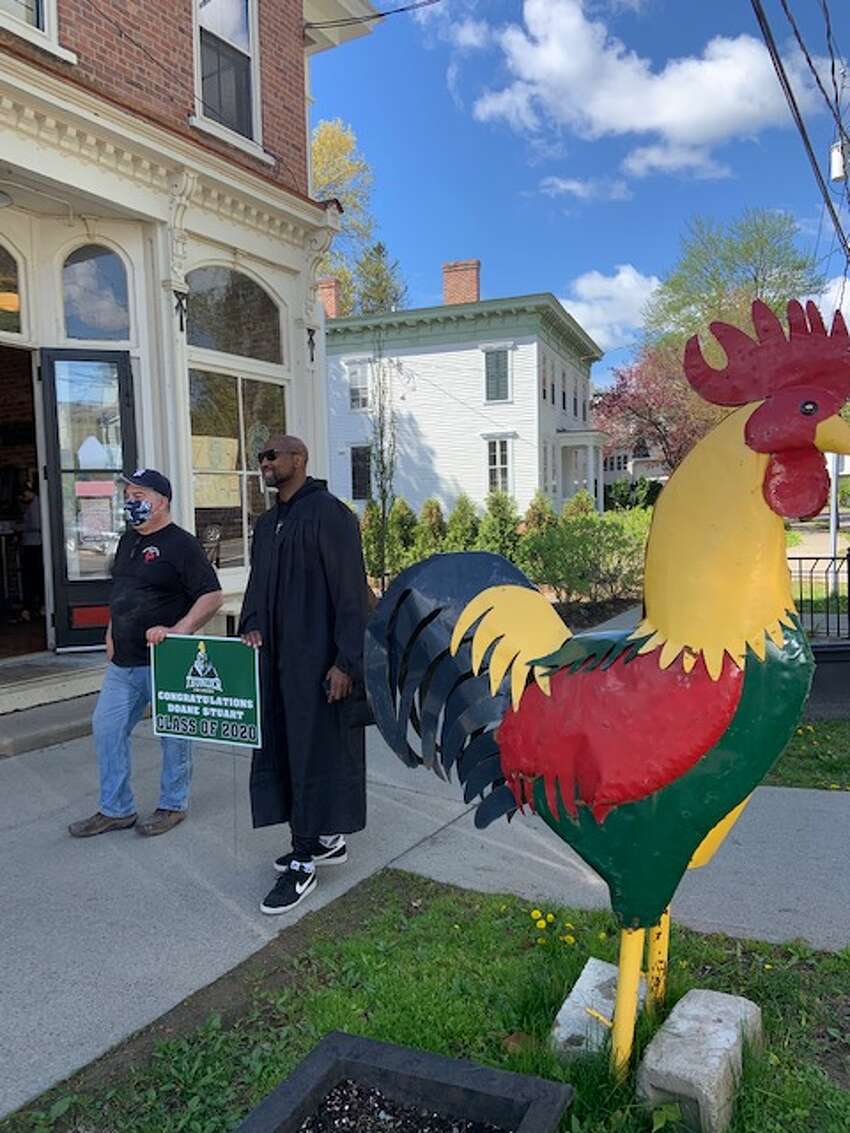Doane Stuart Head of School Cecil Stodghill knocked on doors of the school's graduating seniors throughout the Capital Region on Saturday, May 16, 2020 to deliver a Thunderchicken sign and his personal congratulations.