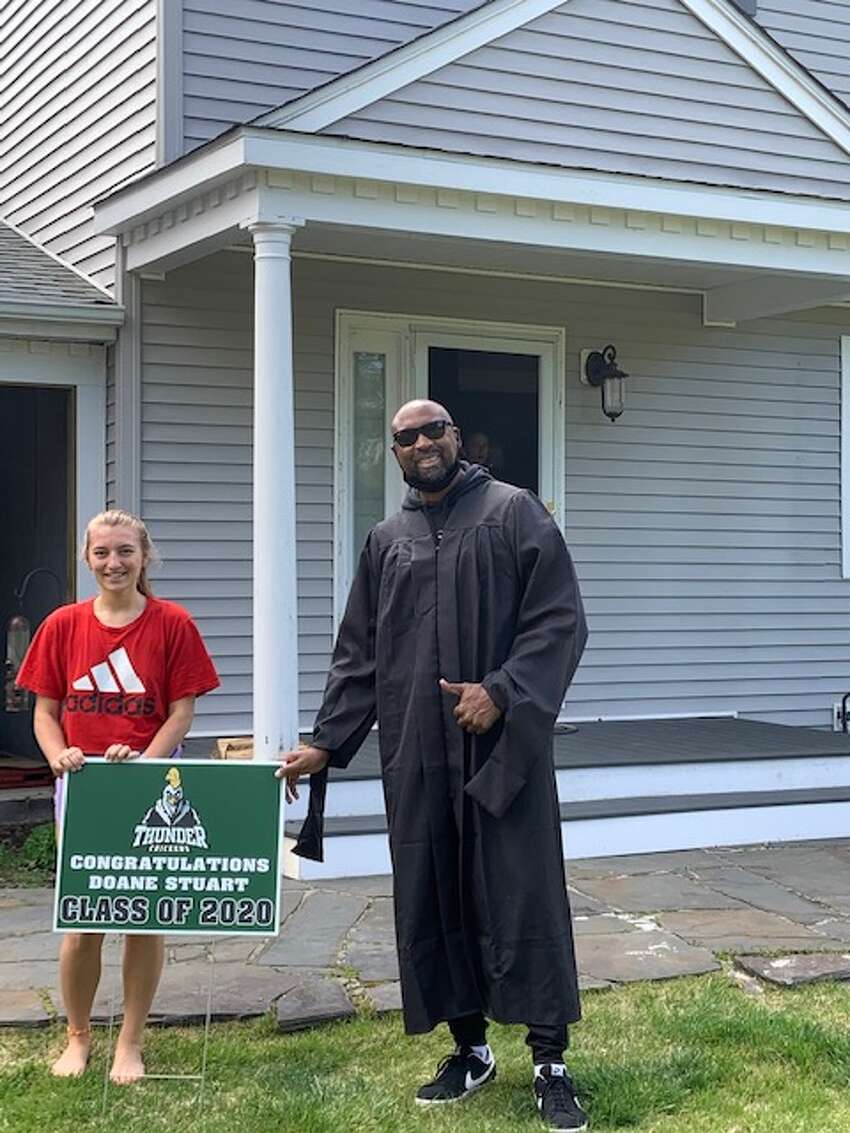 Doane Stuart Head of School Cecil Stodghill knocked on doors of the school's graduating seniors throughout the Capital Region on Saturday, May 16, 2020 to deliver a Thunderchicken sign and his personal congratulations.