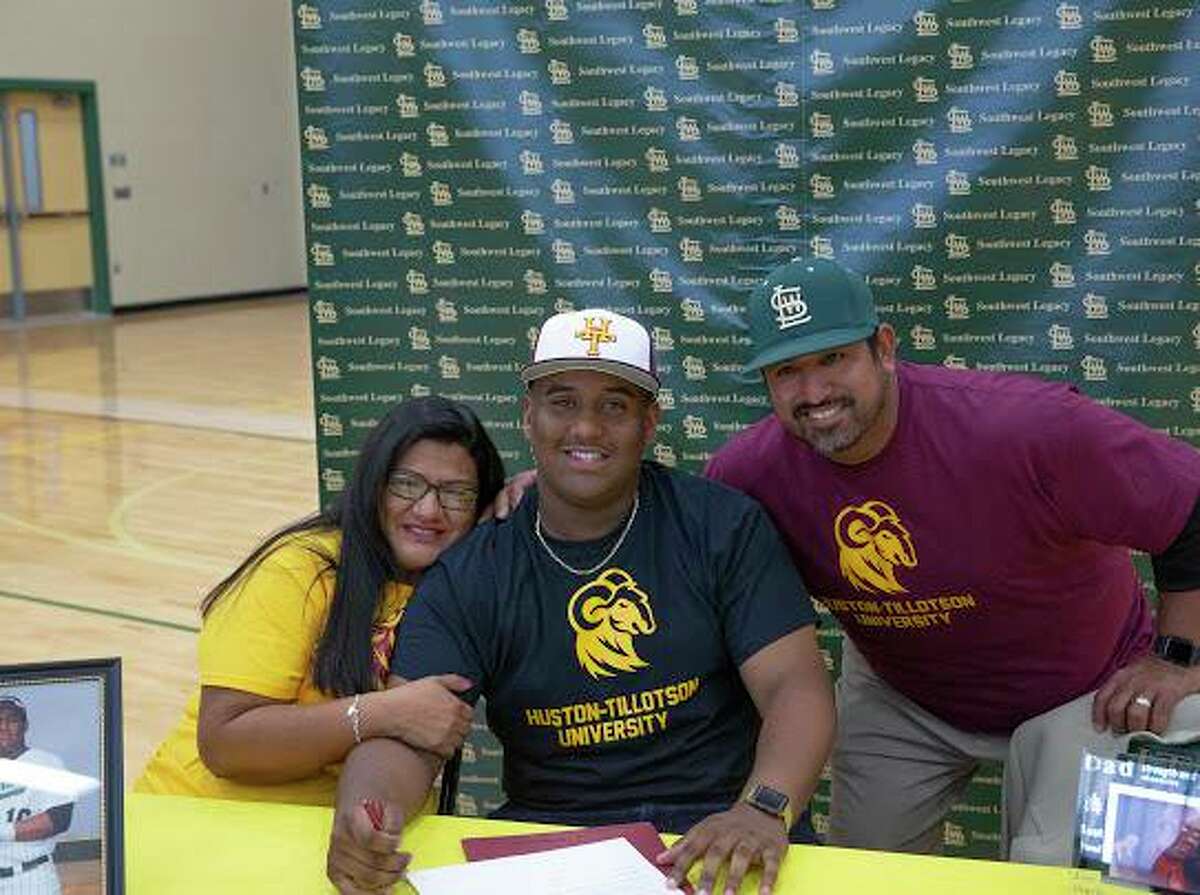 Southwest Legacy’s Zech Robichaux has signed with Huston-Tillotson University to play baseball. He’s pictured surrounded by, from left, his mother Diana Robichaux and Huston-Tillotson baseball coach Mike Hearn.