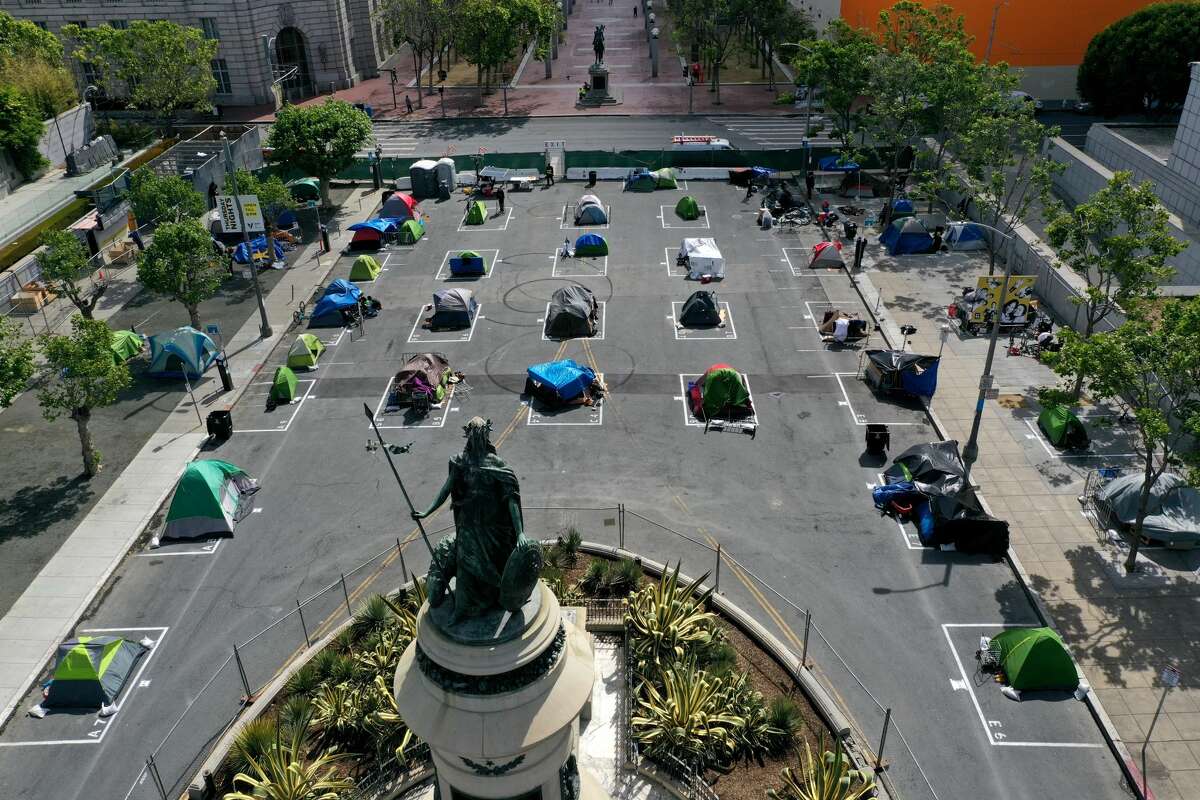 An aerial view of San Francisco's first temporary sanctioned tent encampment for homeless people on May 18, 2020, in San Francisco.