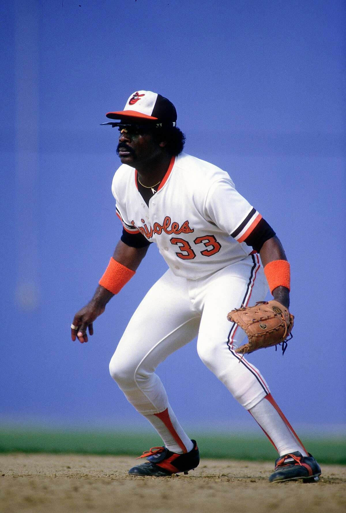 BALTIMORE, MD - CIRCA 1987: First baseman Eddie Murray #33 of the Baltimore Orioles in action during an Major League Baseball game circa 1987 at Memorial Stadium in Baltimore, Maryland. Murray played for the Orioles from 1977-88 and 1996.