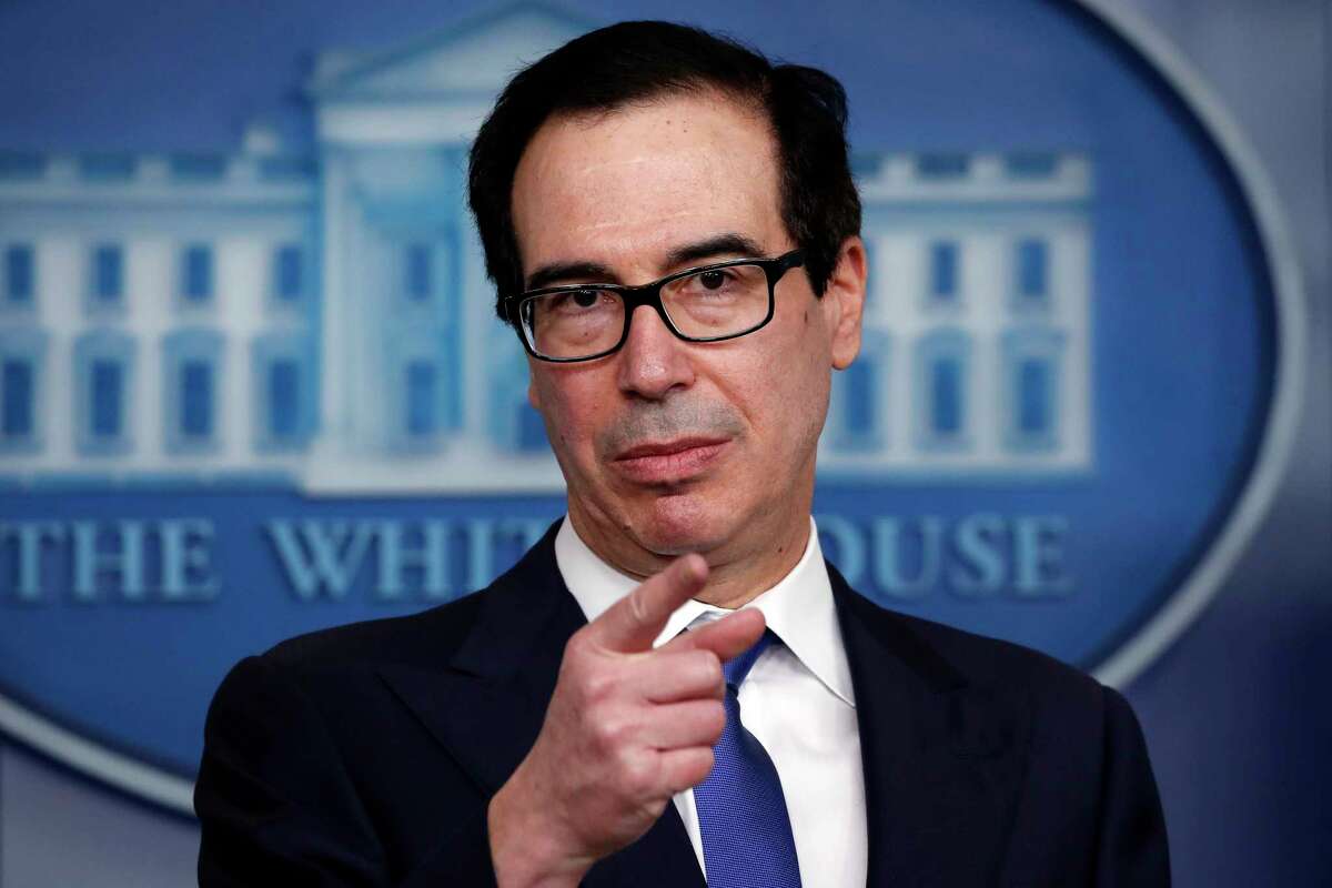 Treasury Secretary Steven Mnuchin speaks about the coronavirus in the James Brady Press Briefing Room at the White House, Monday, April 13, 2020, in Washington. The Treasury oversees the SBA and the Paycheck Protection Program. (AP Photo/Alex Brandon)