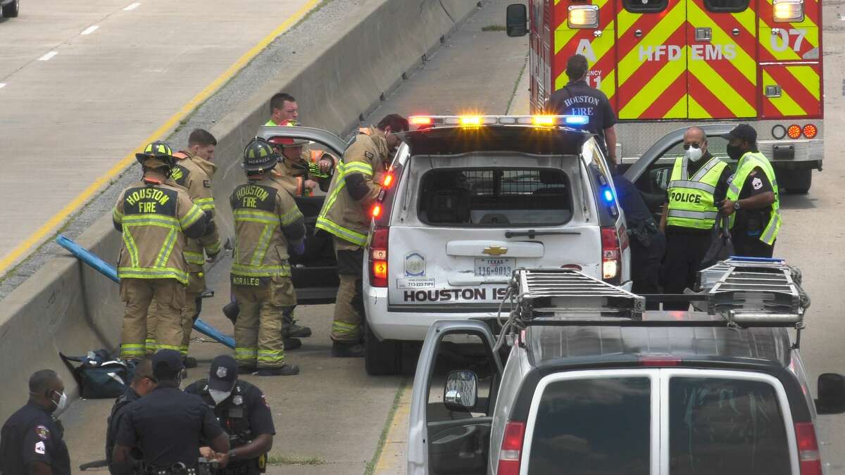 A Houston ISD police officer was injured in a crash on Texas Highway 288 near Interstate 45 on Wednesday, May 20, 2020.