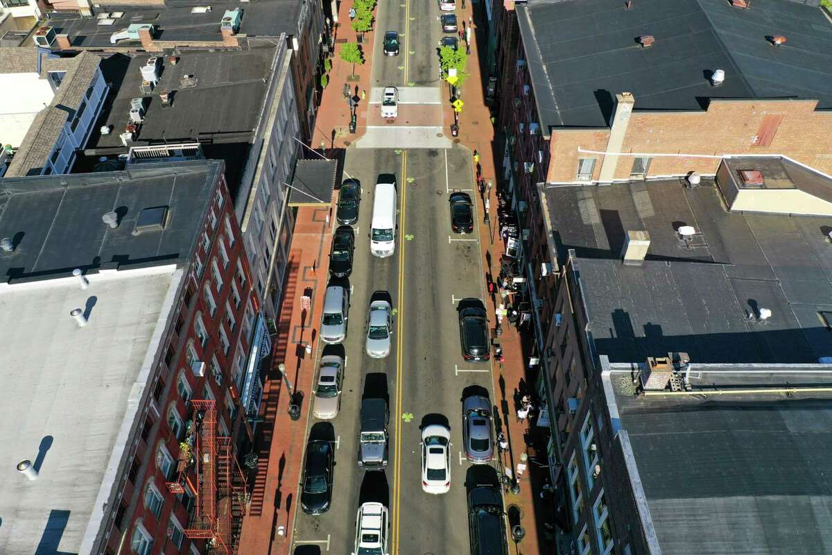 A view from above Norwalk’s beach, businesses and restaurants reopen