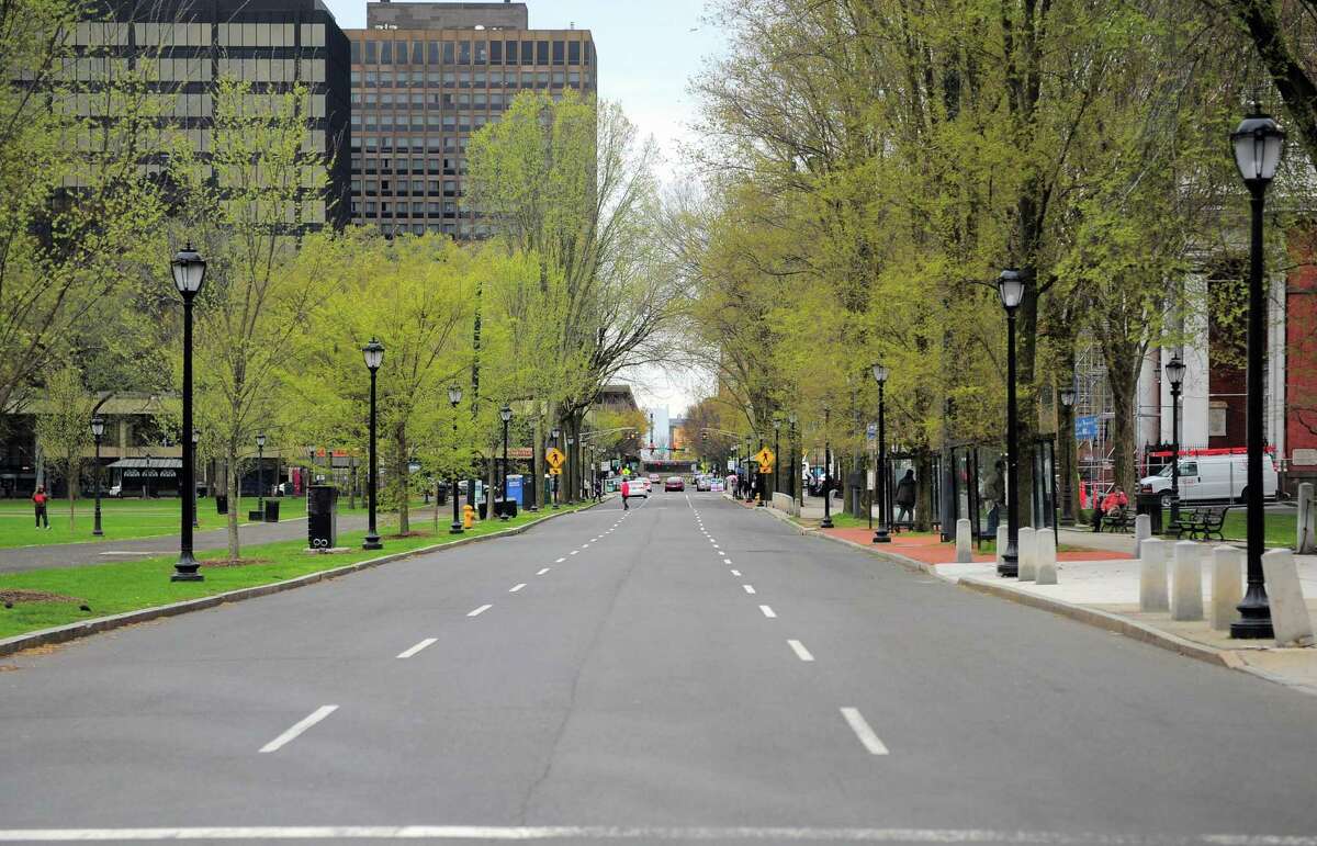 An empty Chapel Street in New Haven, Conn., on Apr. 23, 2020. Connecticut lost jobs in April.