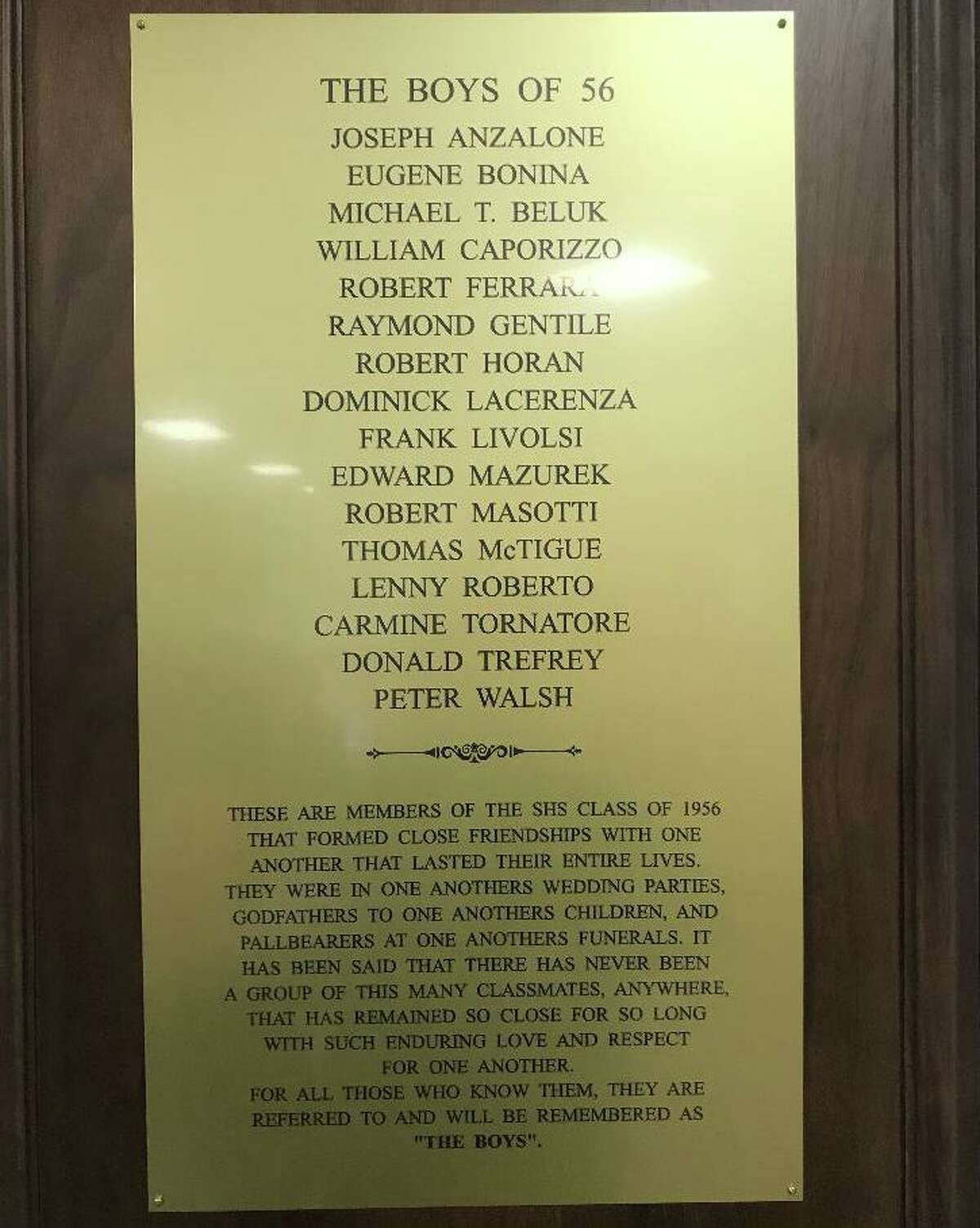 A plaque in the front lobby of Stamford High School.