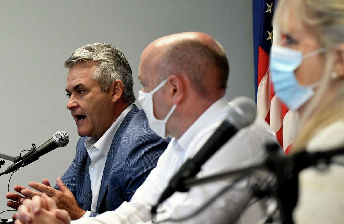 Rensselaer County Executive Steve McLaughlin, left, Troy Mayor Patrick Madden, center, and Rensselaer County Commissioner of Health, Mary Fran Wachunas, right, hold a joint news briefing on the recent wave of overdoses that hit the Capital Region on Thursday, May, 21, 2020, at the Rensselaer County Office Building in Troy, N.Y. Thirty overdoses were reported around the Capital Region between Wednesday afternoon and Thursday morning from cocaine laced with fentanyl. (Will Waldron/Times Union)