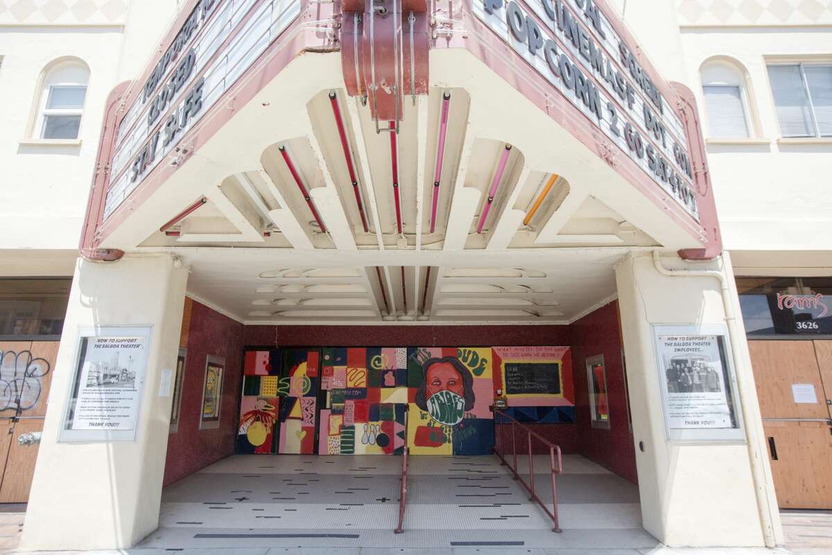 A mural covers the entrance of the Balboa Theater in the Richmond District of San Francisco on May 20, 2020.