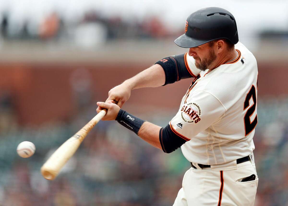 San Francisco Giants' Stephen Vogt doubles in 9th inning of 6-2 loss to Arizona Diamondbacks during MLB game at Oracle Park in San Francisco, Calif., on Sunday, May 26, 2019.