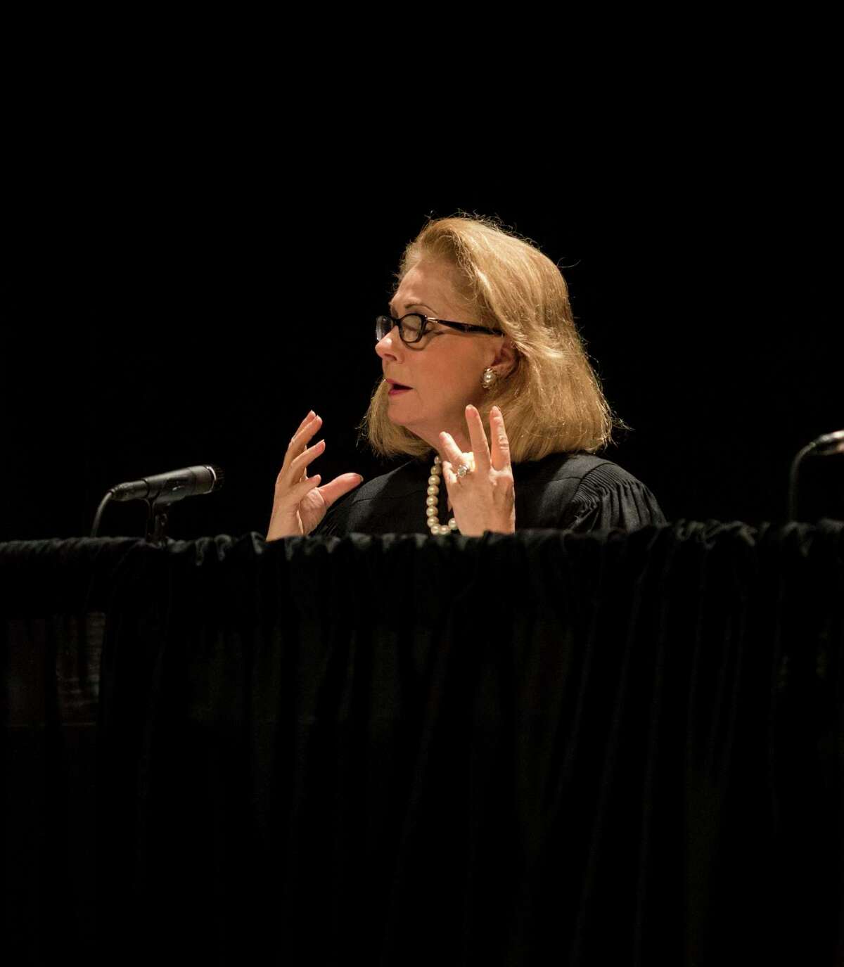 The Texas Supreme Court hears cases at the Wagner Noel Performing Arts Center on Wednesday. Justice zebra H. Lehrmann addresses Lisa Bowlin Hobbs a petitioner from the JBS Carriers Inc. and James Lundry v. Trinette L Washington et al. case 9/19/2018 Jacy Lewis/191 News