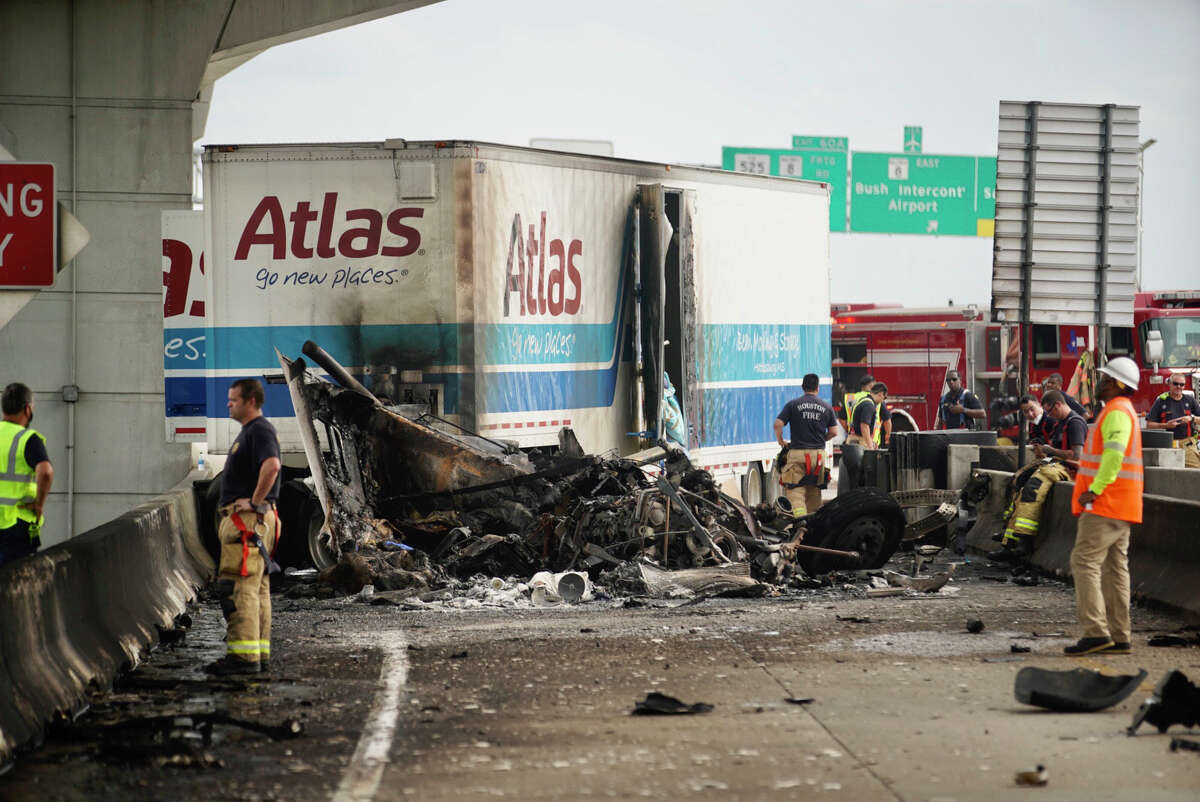 Big rig bursts into flames along North Freeway, driver burned