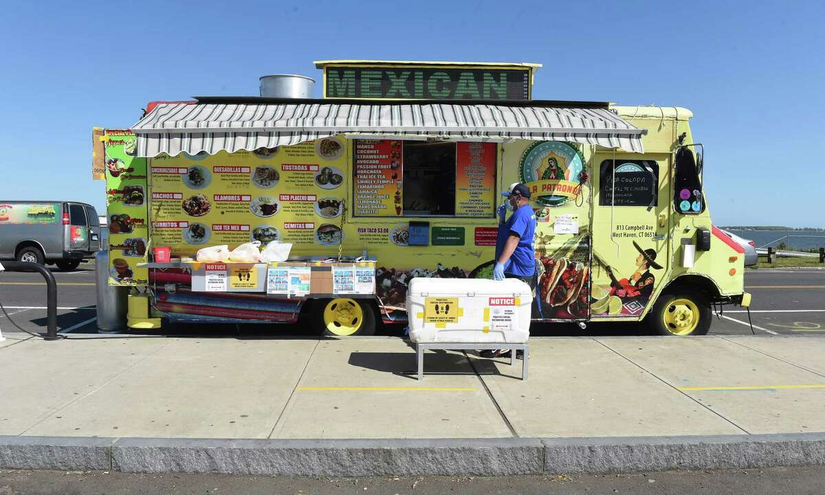 The La Patrona Mexican food truck is open on Long Wharf Drive in New Haven on May 21, 2020.