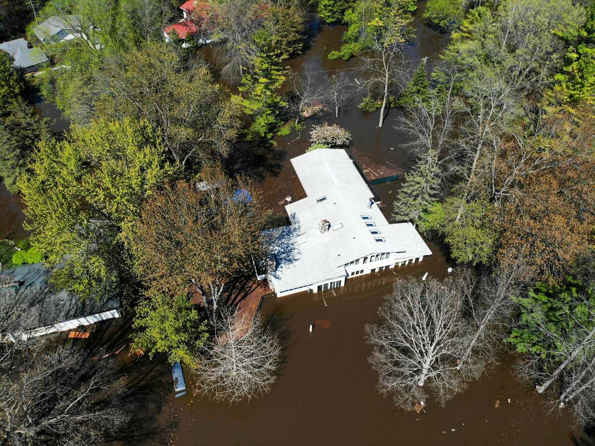 Flooding in Midland is seen from a drone around 2 p.m. Wednesday, May 20, 2020. (Ben Tierney/for the Daily News)