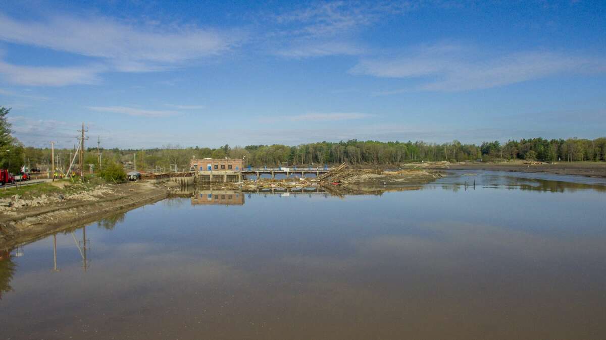 Aerial photographs shows Sanford Dam Friday after flood