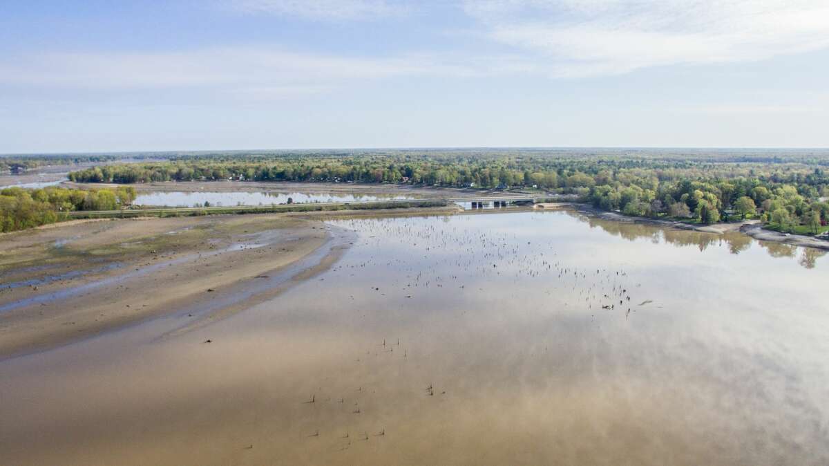 An aerial photo from Friday, May 22 shows the aftermath of flooding at the Sanford Dam in Midland County.