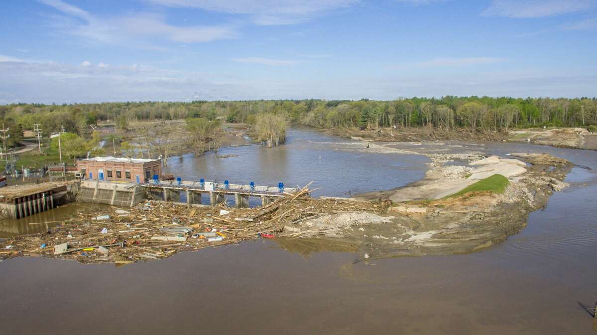 Aerial photographs shows Sanford Dam Friday after flood