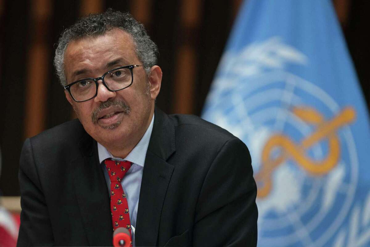 This handout image provided by the World Health Organization (WHO) on May 22, 2020 in Geneva shows WHO Director-General Tedros Adhanom Ghebreyesus attending the 147th session of the WHO Executive Board held virtually by videoconference, amid the COVID-19 pandemic, caused by the novel coronavirus. (Photo by Christopher Black / World Health Organization / AFP) / RESTRICTED TO EDITORIAL USE - MANDATORY CREDIT