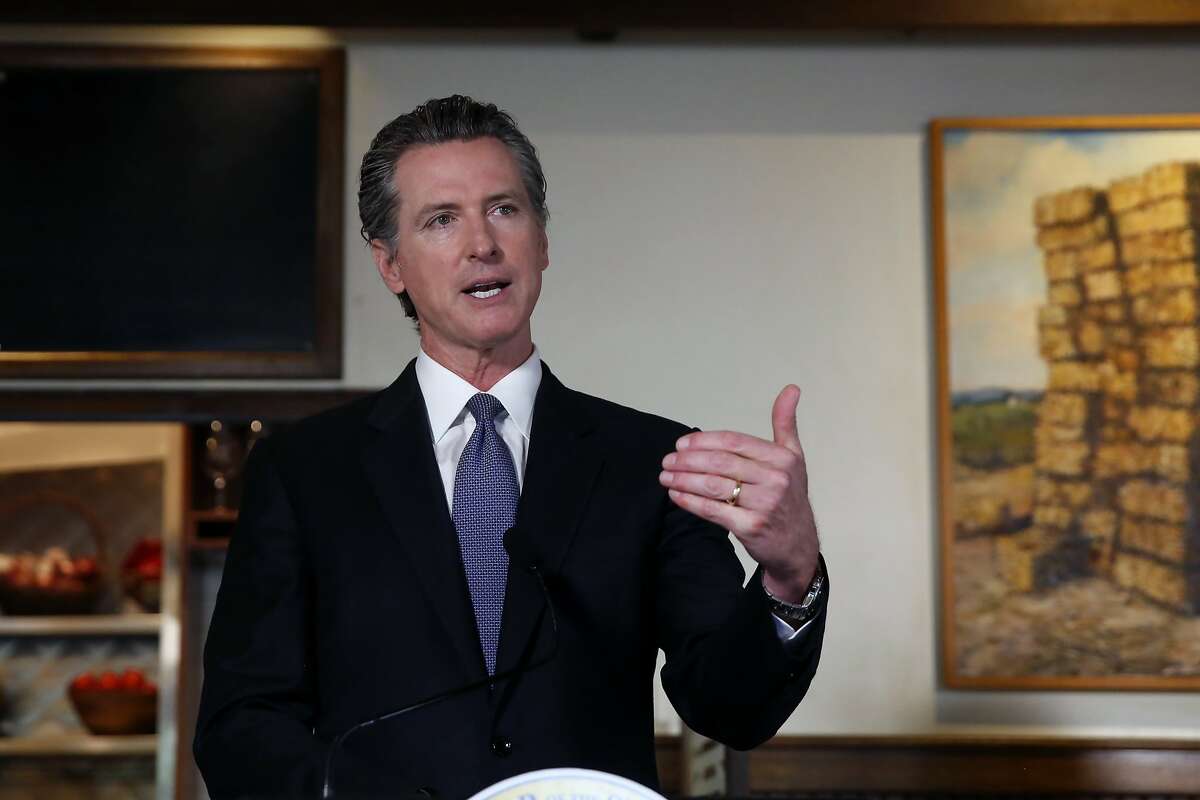 Gov. Gavin Newsom announces new criteria related to coronavirus hospitalizations and testing that could allow counties to open faster than the state, during a news conference at Mustards Grill in Napa, Calif., Monday May 18, 2020. Newsom says the new criteria could apply to 53 of the state's 58 counties. (AP Photo/Rich Pedroncelli, Pool)