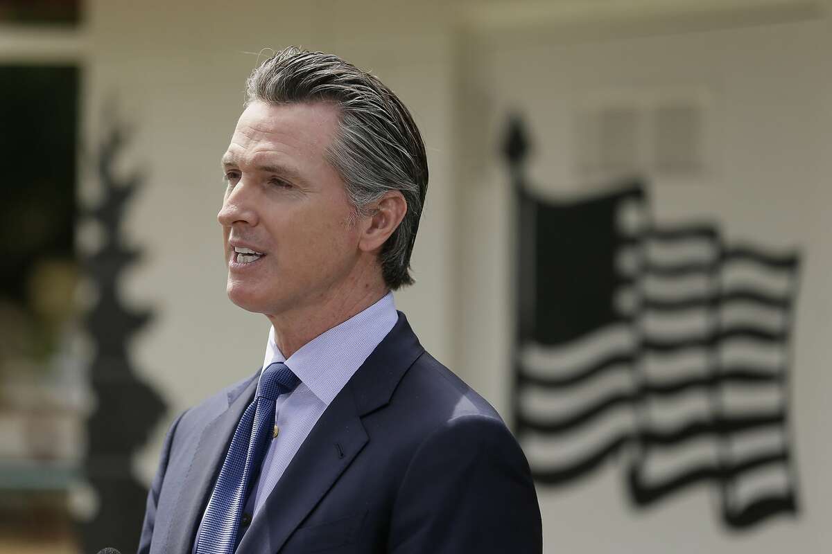 California Gov. Gavin Newsom speaks during a news conference at the Veterans Home of California Friday, May 22, 2020, in Yountville, Calif. (AP Photo/Eric Risberg, Pool)