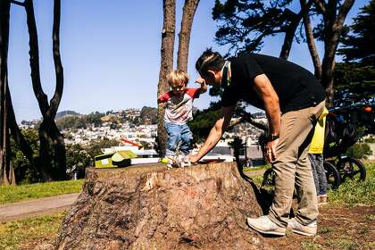 Michael Stein helps son Wyatt launch a rocket at Holly Park in San Francisco.